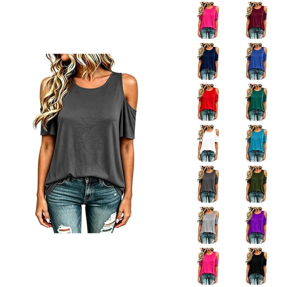 Cold Shoulder Tops for Women 2026 Summer Short Sleeve Crewneck Plain T Shirts Tunic Blouses