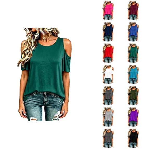 Cold Shoulder Tops for Women 2026 Summer Short Sleeve Crewneck Plain T Shirts Tunic Blouses