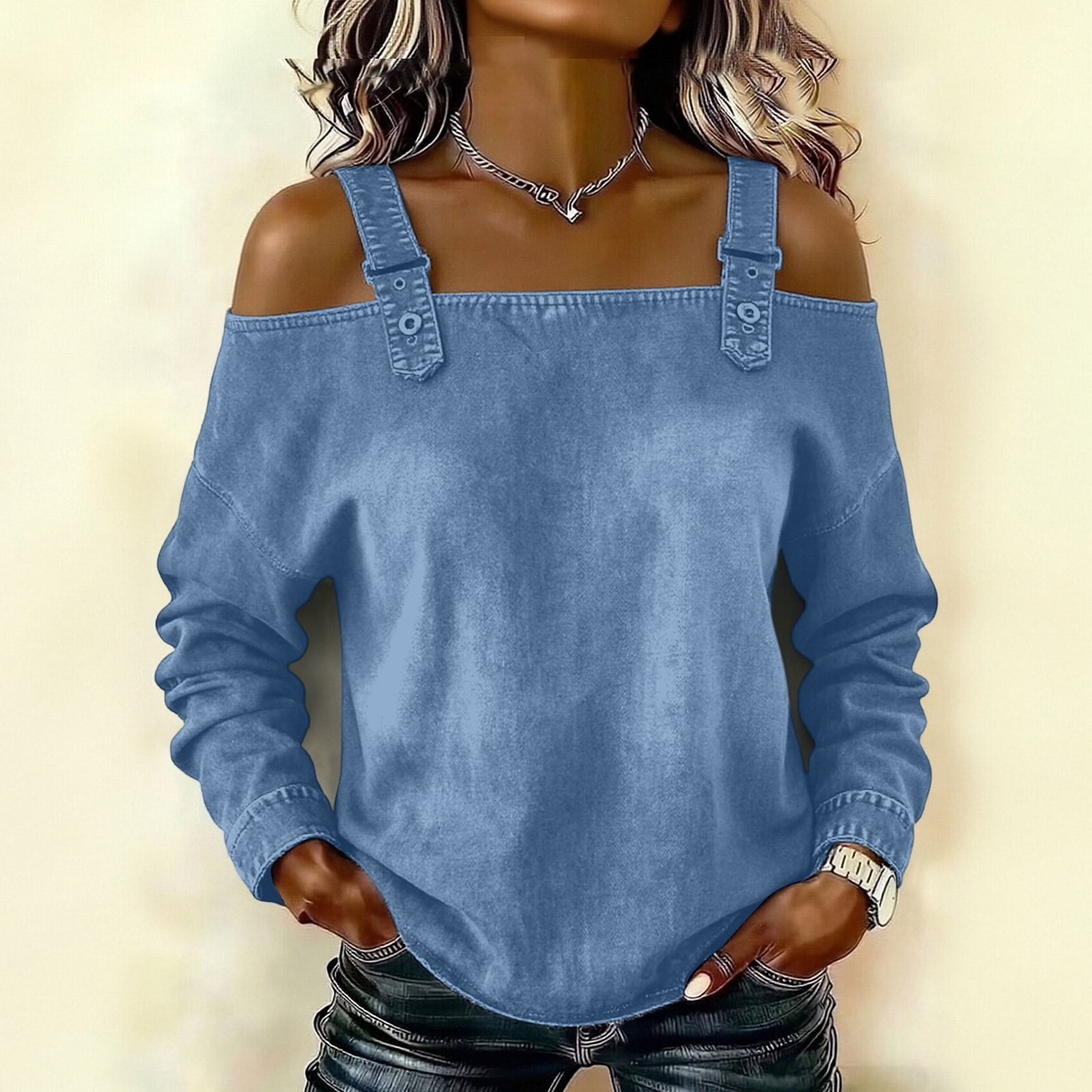 Cold Shoulder Tops for Women Denim Long Sleeve Adjustable Buckle Strap ...