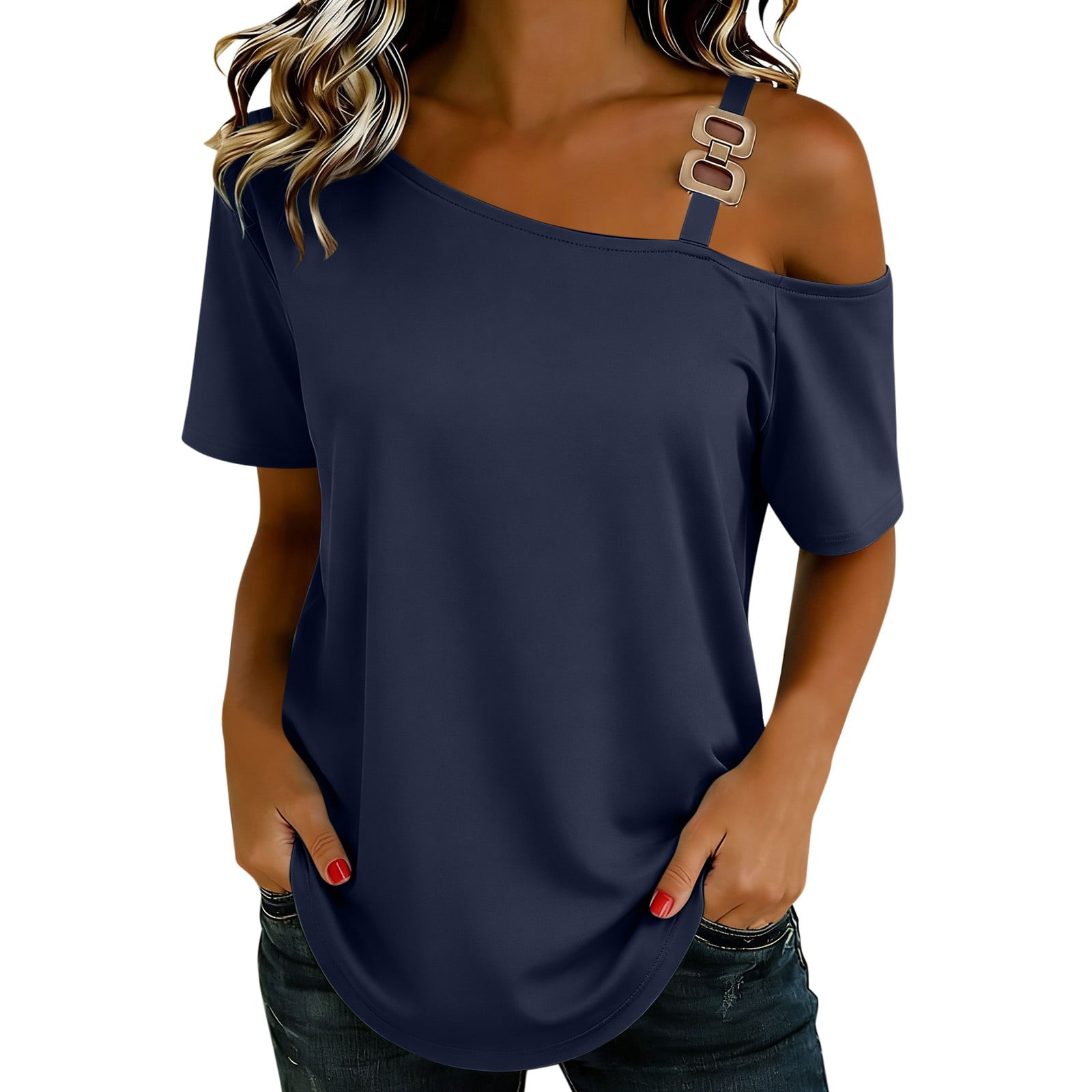 Cold Shoulder Tops for Women, Jewelreauty Summer Tunic T-shirts Metal ...