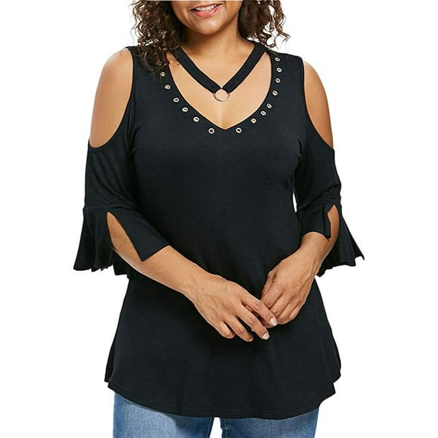 Cold Shoulder Tops for Women Plus Size Blouses 3/4 Sleeve Ruffle Shirts ...