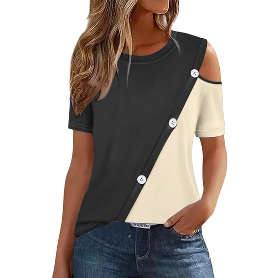 Cold Shoulder Tops for Women Plus Size Shirt Summer Casual Crew Neck Color Block Button Blouse