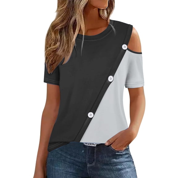 Cold Shoulder Tops for Women Plus Size Shirt Summer Casual Crew Neck Color Block Button Blouse