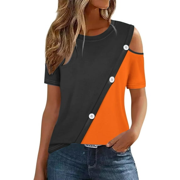 Cold Shoulder Tops for Women Plus Size Shirt Summer Casual Crew Neck Color Block Button Blouse