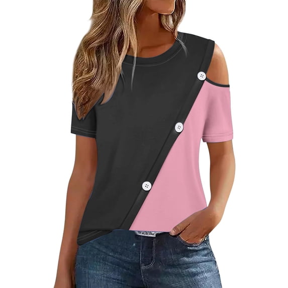 Cold Shoulder Tops for Women Plus Size Shirt Summer Casual Crew Neck Color Block Button Blouse