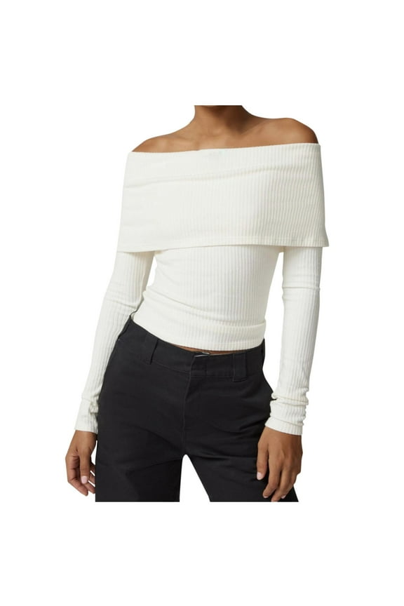 Cold Shoulder Tops for Women Sexy One Line Neck Strapless Ribbed Blouses Slim Long Sleeve Crop Tops Tight Undershirts