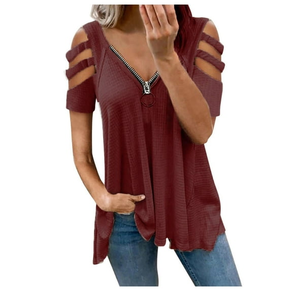 Cold Shoulder Tops for Women Short Sleeve Strappy Zipper V Neck Flowy Blouses Loose Lightweight T Shirts Summer Tunics