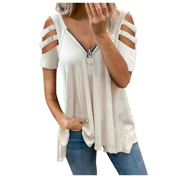 Cold Shoulder Tops for Women Short Sleeve Strappy Zipper V Neck Flowy Blouses Loose Lightweight T Shirts Summer Tunics