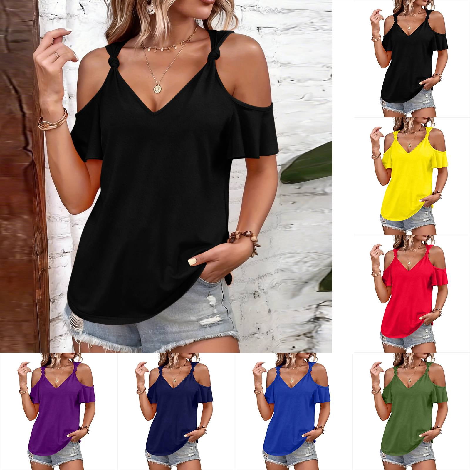 Cold Shoulder Tops for Women Summer Low Back Short Sleeve V Neck T ...