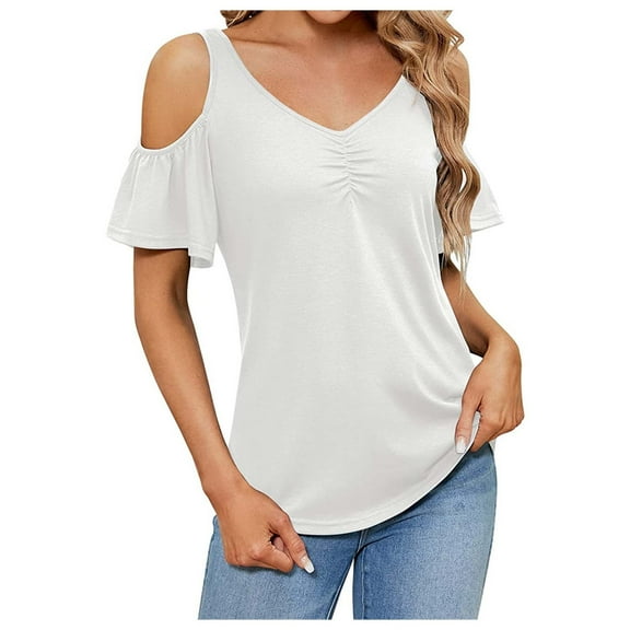 Cold Shoulder Tops for Women Summer Short Sleeve V-Neck Sexy T-Shirts Floral Ruched Solid Color Slim Dressy Blouses