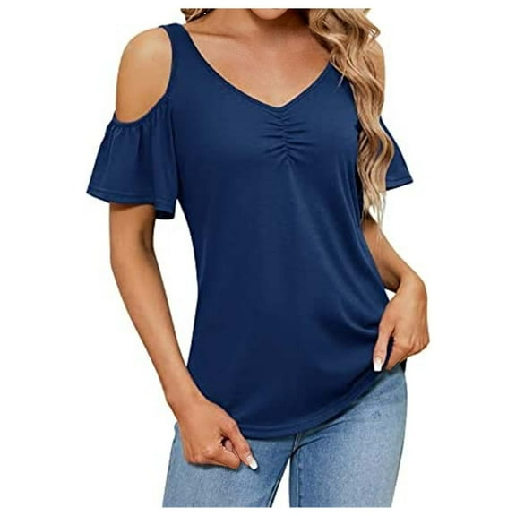 Cold Shoulder Tops for Women Summer Short Sleeve V-Neck Sexy T-Shirts Floral Ruched Solid Color Slim Dressy Blouses