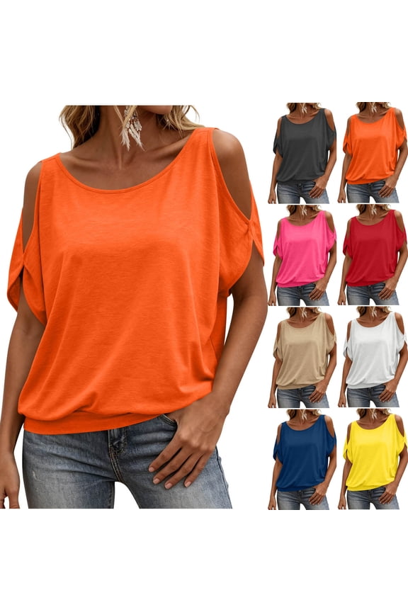 Cold Shoulder Tops for Women Summer Trendy Cutout Batwing Short Sleeve Crewneck S-3XL Loose Casual Tshirts (2XL, Orange)