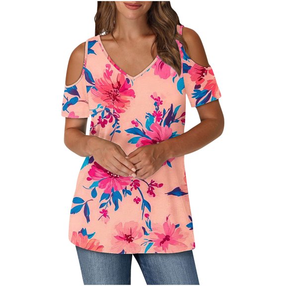 Cold Shoulder Tops for Women Summer Tunic Short Sleeve Cute V Neck Floral Blouses Classic Flowy Casual Shirts (2XL, Pink)