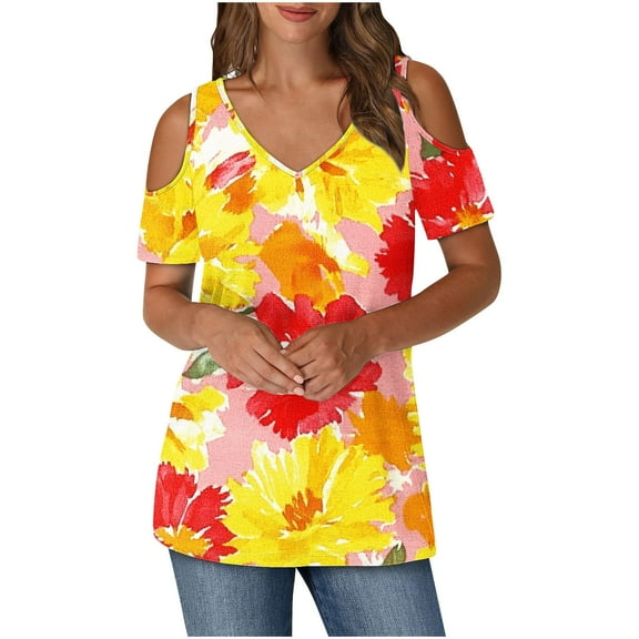 Cold Shoulder Tops for Women Summer Tunic Short Sleeve Cute V Neck Floral Blouses Classic Flowy Casual Shirts (2XL, Yellow)
