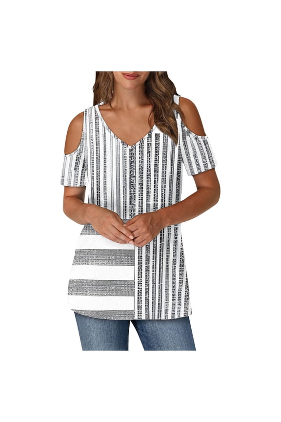 Cold Shoulder Tops for Women Summer Tunic Short Sleeve Cute V Neck Floral Blouses Classic Flowy Casual Shirts (M, Gray)