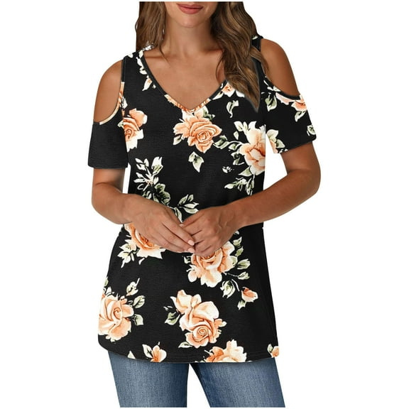 Cold Shoulder Tops for Women Summer Tunic Short Sleeve Cute V Neck Floral Blouses Classic Flowy Casual Shirts (XL, Black)