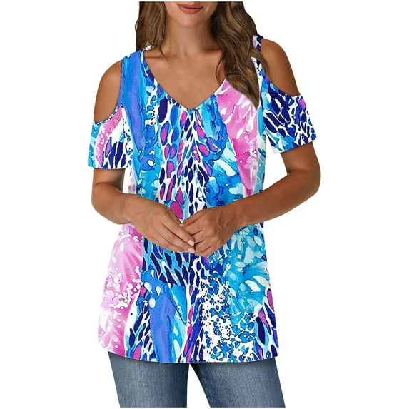 Cold Shoulder Tops for Women Summer Tunic Short Sleeve Cute V Neck Floral Blouses Classic Flowy Casual Shirts (XL, Blue 1)