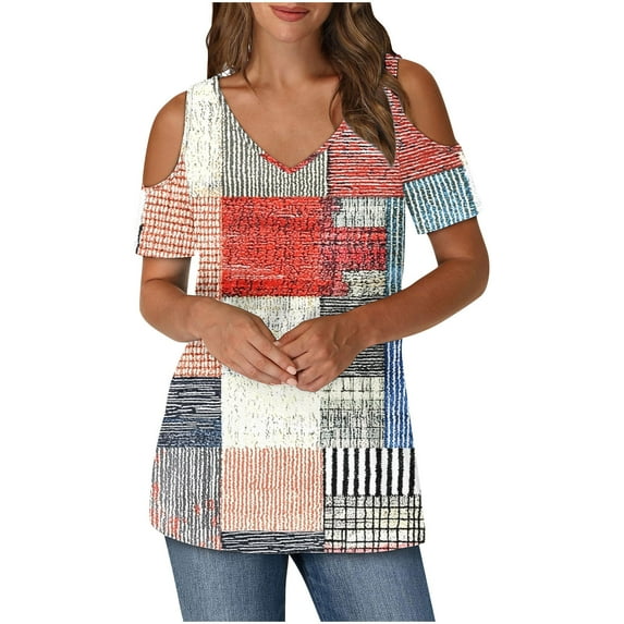 Cold Shoulder Tops for Women Summer Tunic Short Sleeve Cute V Neck Floral Blouses Classic Flowy Casual Shirts (XL, Khaki 1)