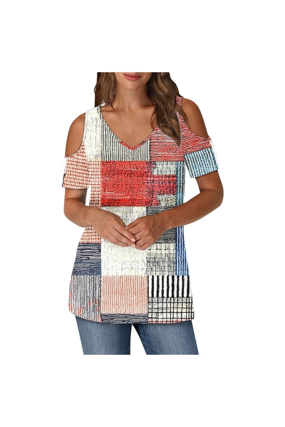 Cold Shoulder Tops for Women Summer Tunic Short Sleeve Cute V Neck Floral Blouses Classic Flowy Casual Shirts (XL, Khaki 1)