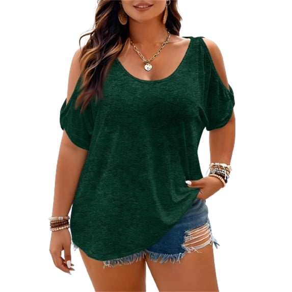 Cold Shoulder Tops for Women V-Neck Short Sleeve Women's T-Shirts Loose Relaxed Tshirts Shirts for Women Slight Drop Hem 5XL Dark Green