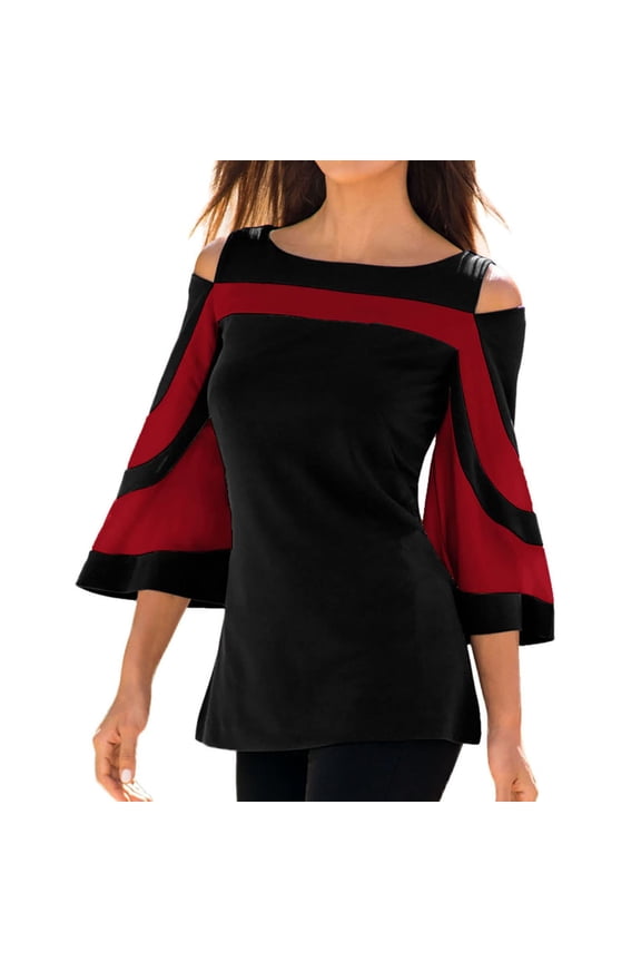 Cold Shoulder Tops for Womens 2026 Trendy Color Block Bell Sleeve Blouses Casual Long Sleeves Dressy Work Shirts