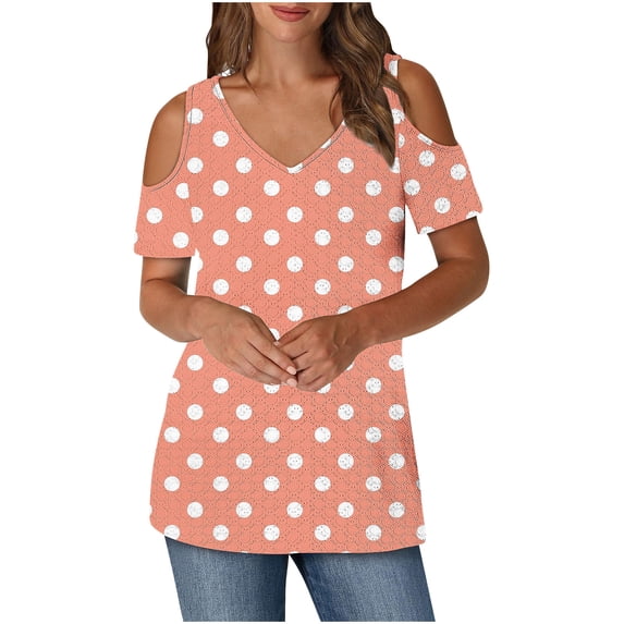 Cold Shoulder Tunic Tops for Women Graphic Prints V Neck Short Sleeve T-Shirts Loose Fit Summer Casual Blouses (M, Orange|Dots)