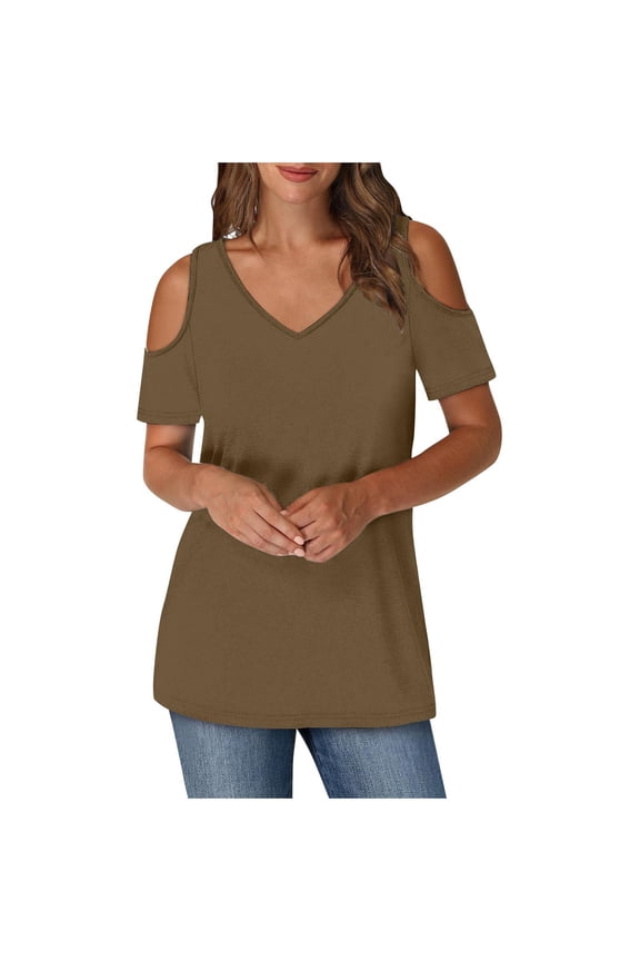 Cold Shoulder Tunic Tops for Women Summer Loose Fit T Shirts V Neck Short Sleeve Casual Basic Tees Tops 2025