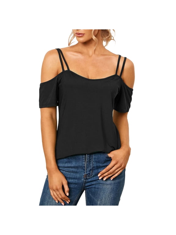 Cold Shoulder V-Neck Tee - Women's Sexy Backless Short Sleeve Top, Casual Loose Fit T-Shirt | Yubnlvae (Black | XXL)