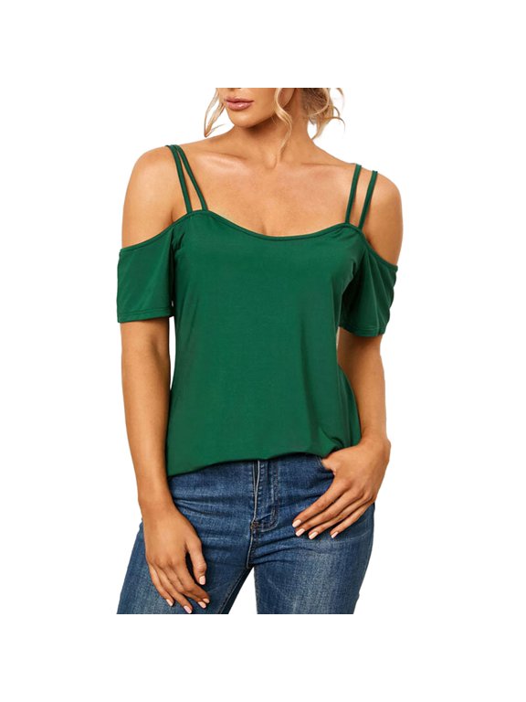 Cold Shoulder V-Neck Tee - Women's Sexy Backless Short Sleeve Top, Casual Loose Fit T-Shirt | Yubnlvae (Green | M)