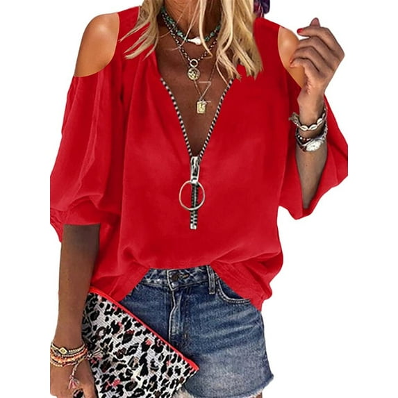 Cold Shoulder Women Casual Zipper Tops Female Summer Loose V-Neck Blouse Shirt