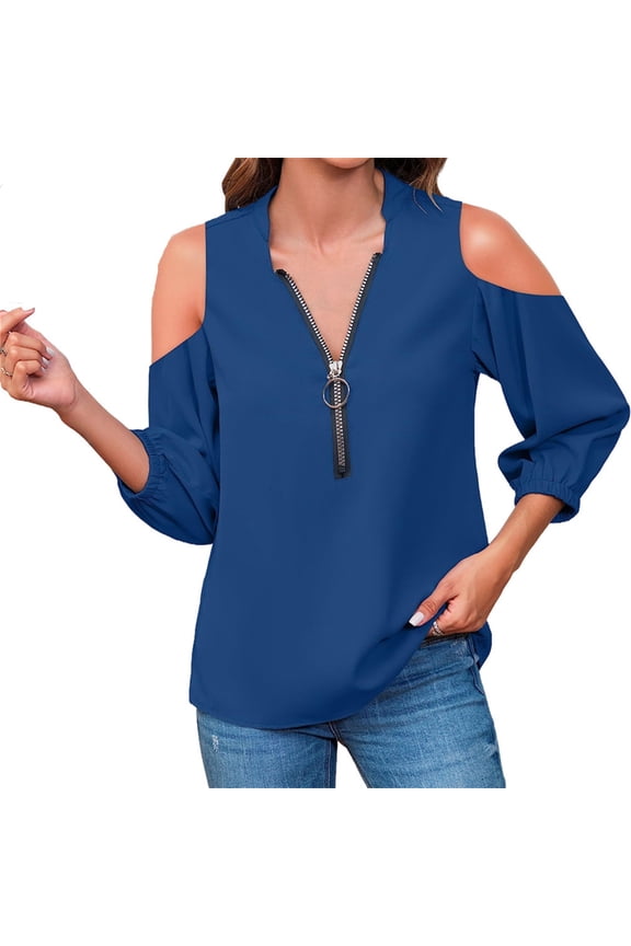 Cold Shoulder Women Solid Color V-neck Zipper Blouse Off Shoulder Summer Tops