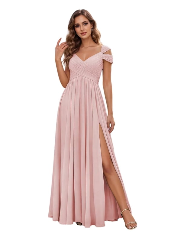 Cold Shoulder Wrap V Neck Bridesmaid Maxi Dress Crisscross Lace Up Back High Slit Chiffon Formal Gown