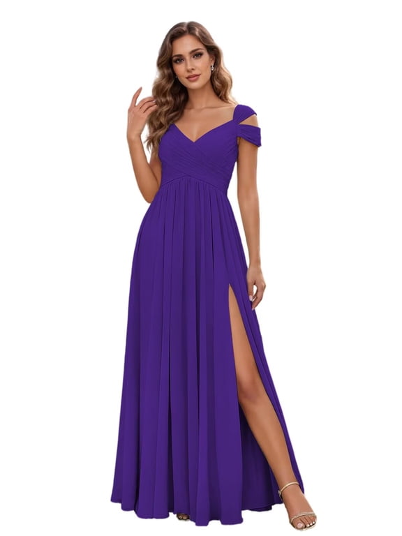 Cold Shoulder Wrap V Neck Bridesmaid Maxi Dress Crisscross Lace Up Back High Slit Chiffon Formal Gown