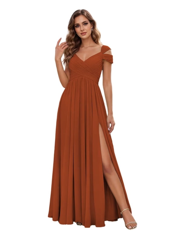 Cold Shoulder Wrap V Neck Bridesmaid Maxi Dress Crisscross Lace Up Back High Slit Chiffon Formal Gown
