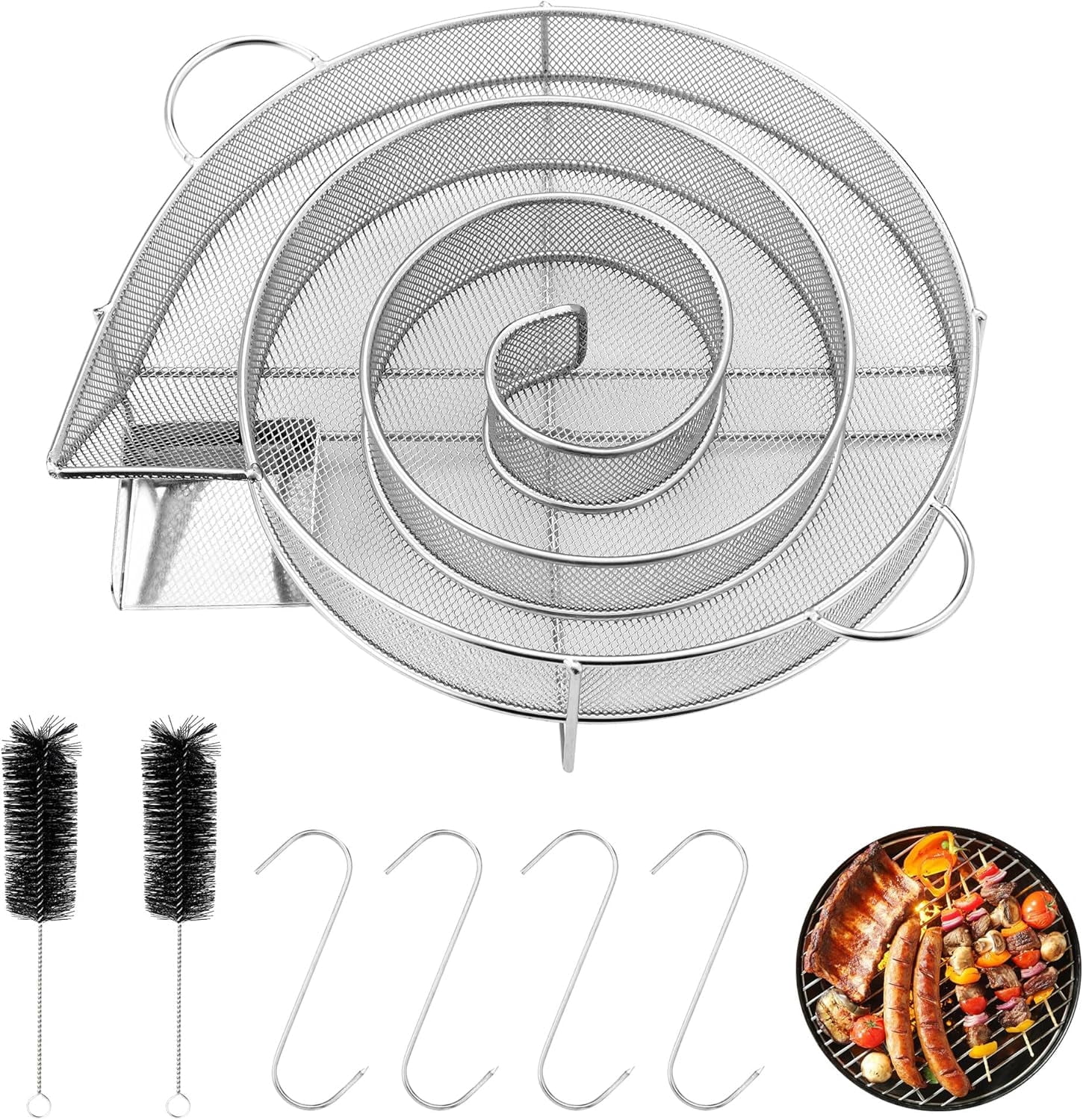 Cold Smoke Generator Made of Stainless Steel, Round Smoker Snail, Savings Burn Smoker Oven with Handle, with 4 Meat Hooks + 2 Cleaning Brushes, Meat Smoker Oven for Kettle Grills, Smokers and Smoking