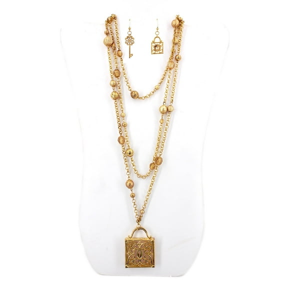 Cold Tone Chain W/Square Lock Charm NE+ER Set - NE-WNE338