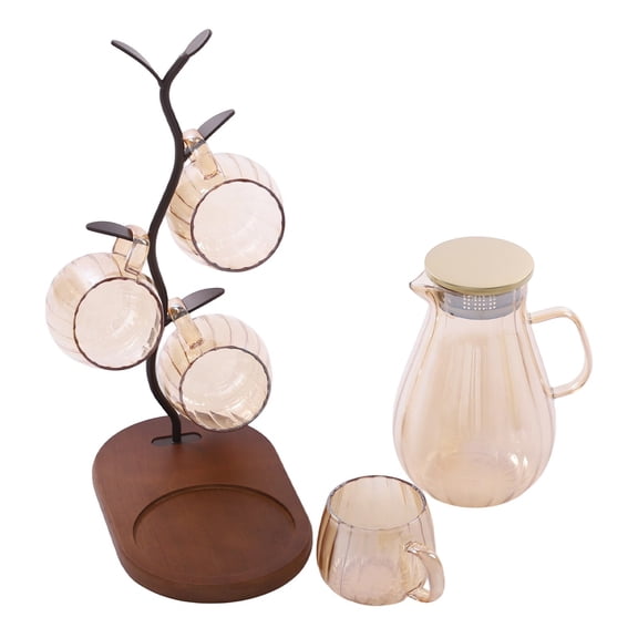 Cold Water Kettle Set, Glass Pitcher, Cold Water Bottle Set, Wood & Iron Rack, 1 Pitcher 4 Cups with Cup Rack, for Hot/Cold Tea, Juice, Coffee