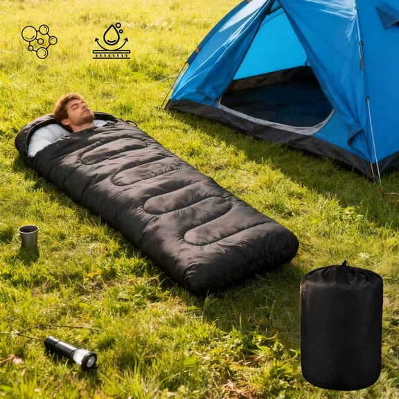 Cold Weather Sleeping Bag for Adults, 5F-32F, Lightweight, Waterproof with Heat Retention, Stuff Sack & Snag-Free Zipper | Ideal for Camping, Sleepovers,  Guests (Black)