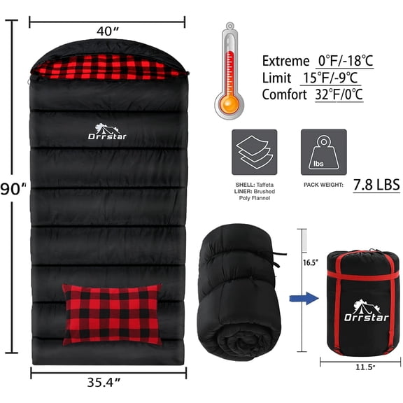 Cold Weather Sleeping Bag for Adults 0 Degree with Pillow Extra Large Flannel Winter Camping Zero Degree