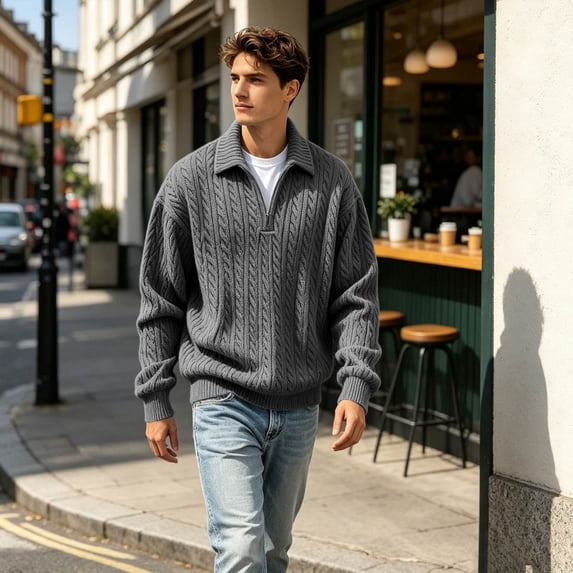 Cold Weather Sweatshirts for Men Quarter Zip Pullover Workout Half Zip Long Sleeve Fall Polo Sweaters Gray M
