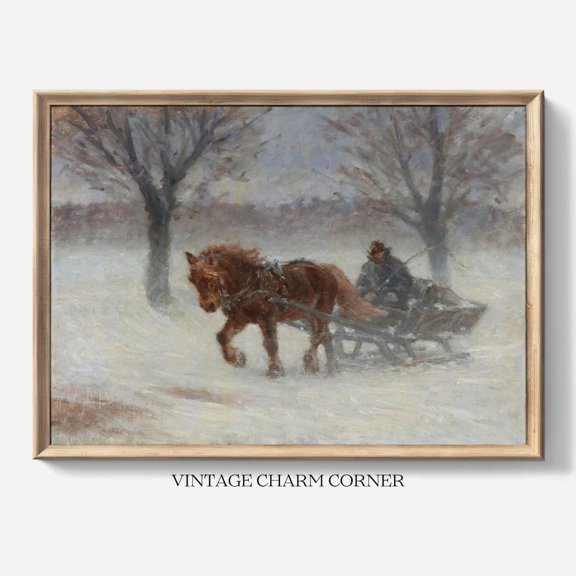 Cold Winter Sleigh Ride Horse Pulling Through Snow Blizzard Rustic Country Scene Artwork