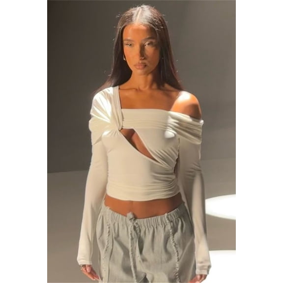 Cold-shoulder Cut-out Detail Top (M, Beige)