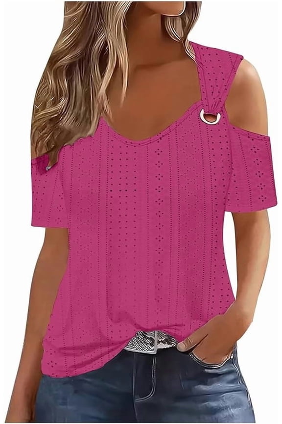 Cold shoulder tops for women Eyelet Short Sleeve Hollow Out Lace Floral Summer Shirts Ladies Classic Cute Basic Tee V Neck Tunic Blouse