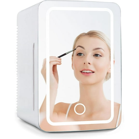 Coldbay Skincare Fridge with Mirror Door, LED Light, Cool and Warm Makeup Vanity Refrigerator