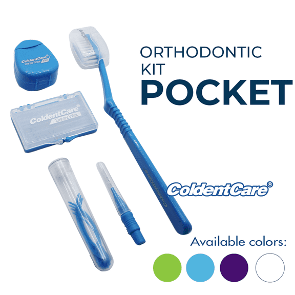 ColdentCare Orthodontic Kit Pocket - Compact and Complete Oral Care Set with Toothbrush, Floss, Wax, Threaders, Interdental Brush, and Case - Blue