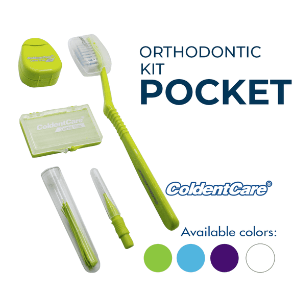ColdentCare Orthodontic Kit Pocket - Compact and Complete Oral Care Set with Toothbrush, Floss, Wax, Threaders, Interdental Brush, and Case - Green