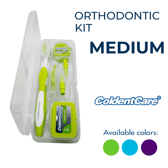 ColdentCare Orthodontic Oral Care Kit for Cleaning Brackets Braces, Includes Toothbrush and Cap, Travel Toothbrush, Dental Floss 12m, Dental Wax, Floss threaders Case - Green
