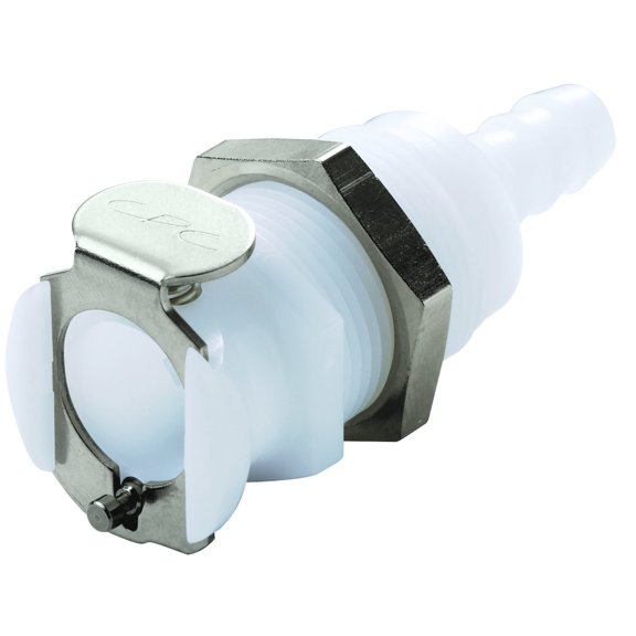 Colder PLC16004 Acetal Tube Fitting, Coupler, Straight Thru, Panel Mount, 1/4" Flow Coupler x 1/4" Barb J101
