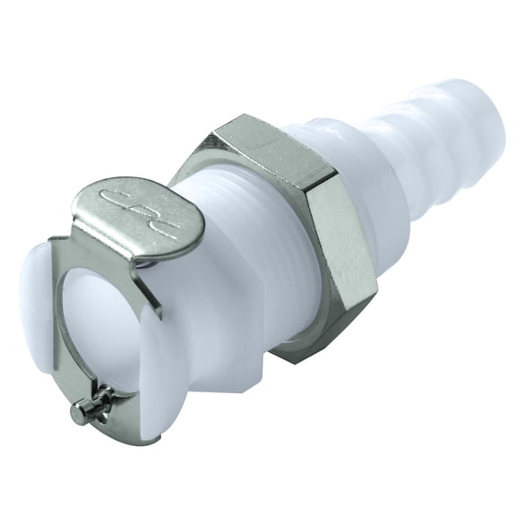 Colder PLC16006 Acetal Tube Fitting, Coupler, Straight Thru, Panel Mount, 1/4" Flow Coupler x 3/8" Barb CA1