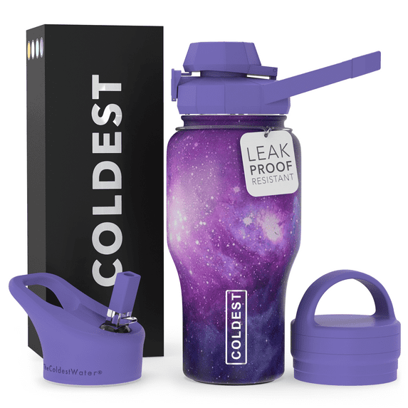 Coldest Sports Shaker Water Bottle with 3 Lids (Chug Lid, Straw Lid, Loop Lid) Tumbler with Handle, Fits Cup Holder (26 oz, Astro Purple)